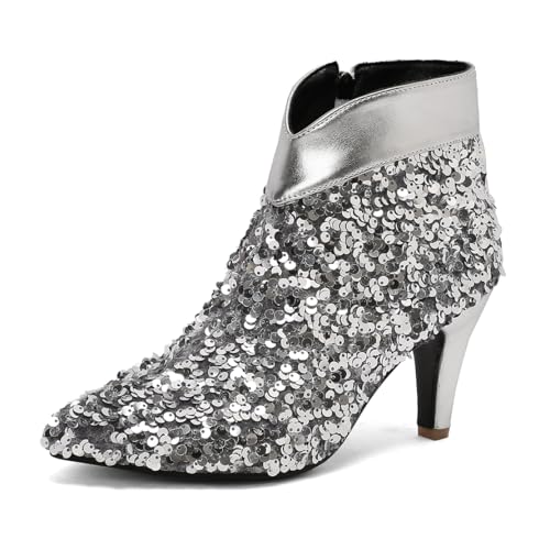 MISSUIT Damen Stiefeletten mit Pailletten Stiletto Reißverschluss High Heels Spitz(Silber,42) von MISSUIT