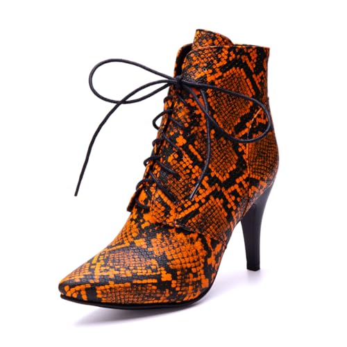 MISSUIT Damen Stiefeletten mit Schlangenmuster Schnürung Stiletto High Heels Spitz(Orange,43) von MISSUIT