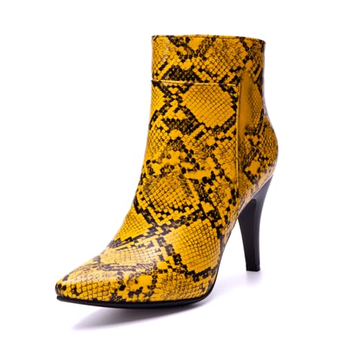 MISSUIT Damen Stiefeletten mit Schlangenmuster Spitze Hoher Absatz Stiletto Reißverschluss(Gelb,39) von MISSUIT