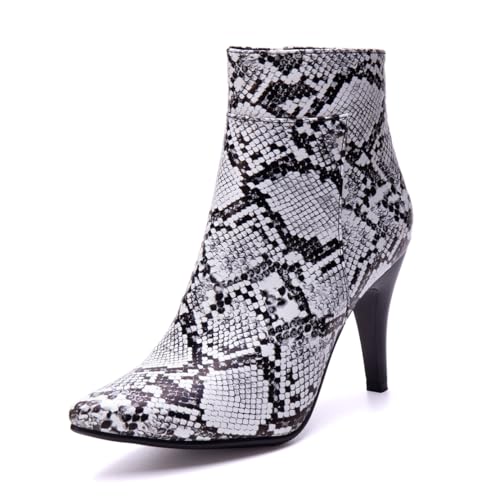 MISSUIT Damen Stiefeletten mit Schlangenmuster Spitze Hoher Absatz Stiletto Reißverschluss(Grau,41) von MISSUIT