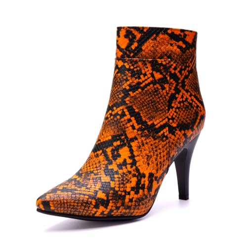 MISSUIT Damen Stiefeletten mit Schlangenmuster Spitze Hoher Absatz Stiletto Reißverschluss(Orange,41) von MISSUIT