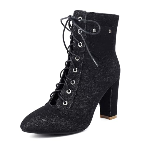 MISSUIT Damen Stiefeletten mit Schnürung Blockabsatz Spitz Denim High Heels(Schwarz,44) von MISSUIT