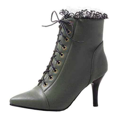 MISSUIT Damen Stiletto Ankle Boots High Heels Schnür Stiefeletten Spitz mit 8cm absatz und Reißverschluss Schnürung Schuhe(Grün,39) von MISSUIT