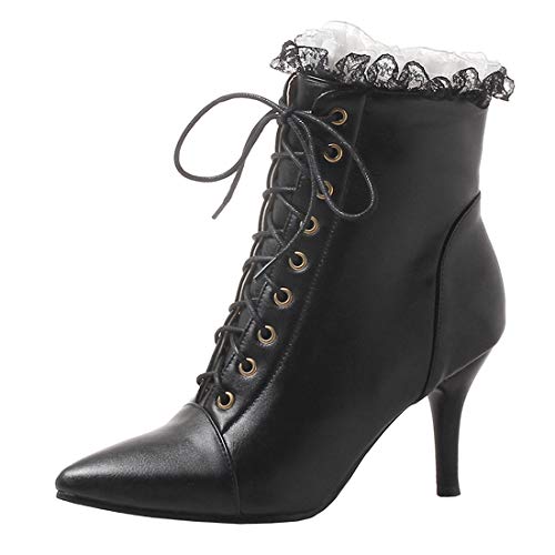 MISSUIT Damen Stiletto Ankle Boots High Heels Schnür Stiefeletten Spitz mit 8cm Absatz und Reißverschluss Schnürung Schuhe(Schwarz,43) von MISSUIT