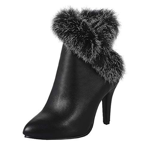 MISSUIT Damen Stiletto Ankle Boots Spitze High Heels Stiefeletten mit Fell Warm Gefüttert Reißverschluss Stiefel(Schwarz,36) von MISSUIT