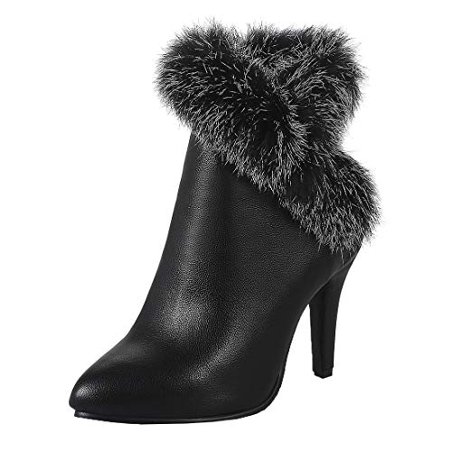 MISSUIT Damen Stiletto Ankle Boots Spitze High Heels Stiefeletten mit Fell Warm Gefüttert Reißverschluss Stiefel(Schwarz,37) von MISSUIT