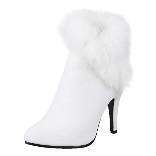 MISSUIT Damen Stiletto Ankle Boots Spitze High Heels Stiefeletten mit Fell Warm Gefüttert Reißverschluss Stiefel(Weiß,40) von MISSUIT