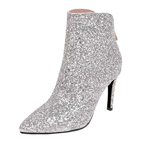 MISSUIT Damen Stiletto Glitzer Stiefeletten High Heels mit Reißverschluss Hinten und Pailletten Spitze Ankle Boots Hochzeitsschuhe(Silber,41) von MISSUIT