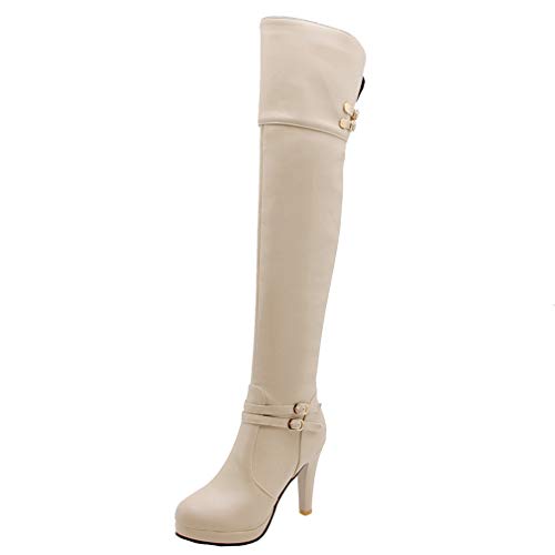 MISSUIT Damen Stiletto Overknee Stiefel High Heels Plateau Boots mit Schnallen und Reißverschluss Langschaftstiefel Herbst Winter Schuhe(Beige,37) von MISSUIT