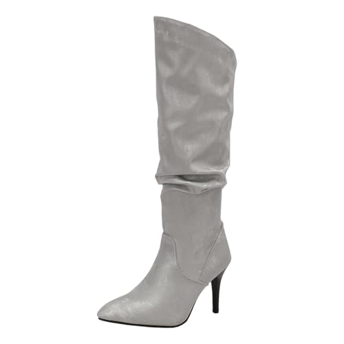 MISSUIT Damen Stiletto Stiefel Kniehoch Hoher Absatz Slouch Spitz(Grau,41) von MISSUIT