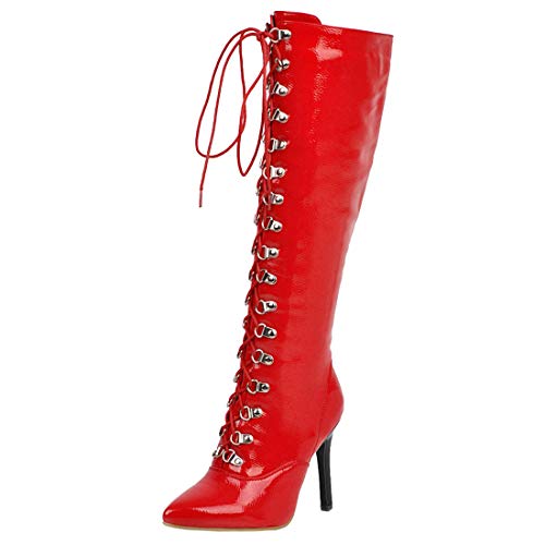 MISSUIT Damen Stiletto Stiefel Kniehoch Lack High Heels Stiefel mit Schnürung und Reißverschluss Langschaftstiefel Spitz(Rot,39) von MISSUIT