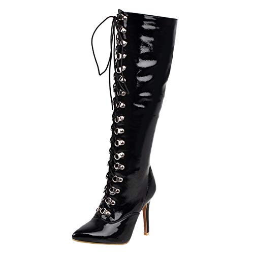 MISSUIT Damen Stiletto Stiefel Kniehoch Lack High Heels Stiefel mit Schnürung und Reißverschluss Langschaftstiefel Spitz(Schwarz,37) von MISSUIT