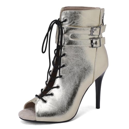 MISSUIT Damen Stiletto Stiefeletten Peeptoe Schnürung mit Schnallen Hoher Absatz(Gold,36) von MISSUIT