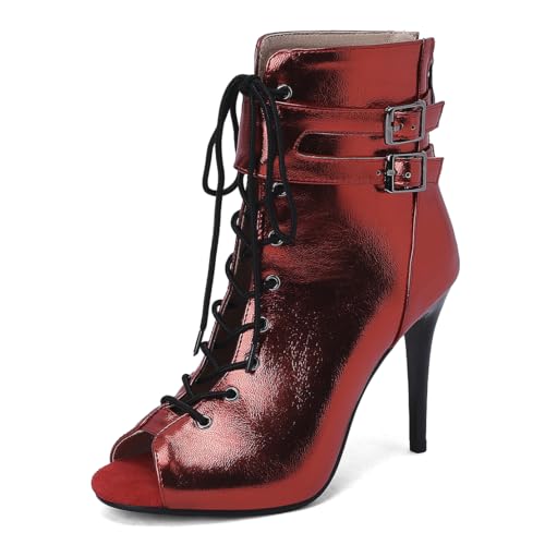 MISSUIT Damen Stiletto Stiefeletten Peeptoe Schnürung mit Schnallen Hoher Absatz(Rot,38) von MISSUIT