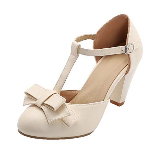 MISSUIT Damen T Steg High Heels Pumps Blockabsatz mit Riemchen und Schleife Rockabilly Schuhe(Beige,40) von MISSUIT