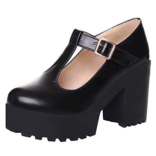 MISSUIT Damen T-Steg Pumps Mary Jane Blockabsatz Plateau High Heels mit Riemchen Schuhe(Schwarz,37) von MISSUIT