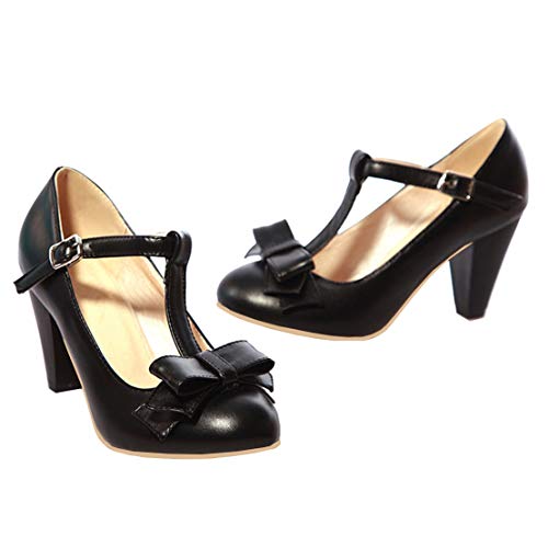 MISSUIT Damen T Strap High Heels Mary Jane Pumps mit Blockabsatz und Riemchen Schleife(Schwarz,40) von MISSUIT