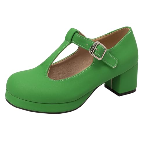 MISSUIT Damen T-Strap Pumps Plateau Absatz Blockabsatz Mary Jane(Grün,37) von MISSUIT