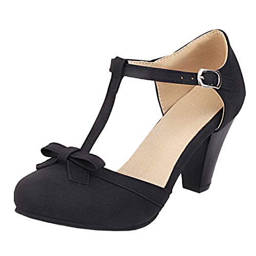 MISSUIT Damen T Strap Pumps mit Riemchen und Schleife High Heels Geschlossen Blockabsatz(Schwarz,34) von MISSUIT