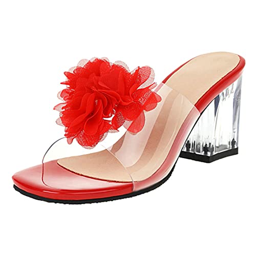 MISSUIT Damen Transparent High Heels Mules Pantoletten Blockabsatz Sandalen Pantoffeln Outdoor Slipper Schuhe(Rot,39) von MISSUIT