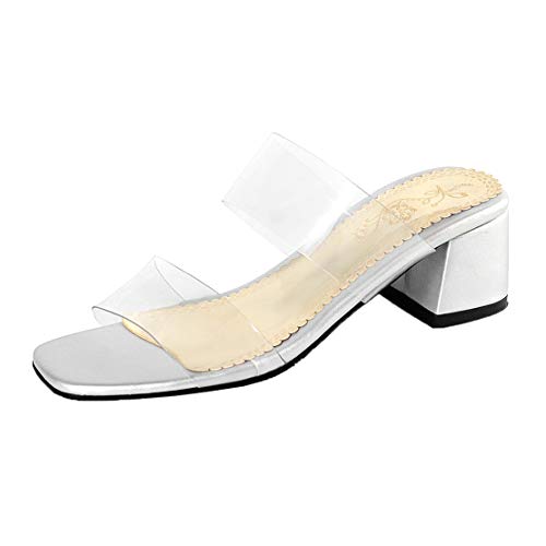 MISSUIT Damen Transparent Mules mit Blockabsatz Pantoletten Slingback Pantoffeln Durchsichtig Schuhe(Silber,40) von MISSUIT