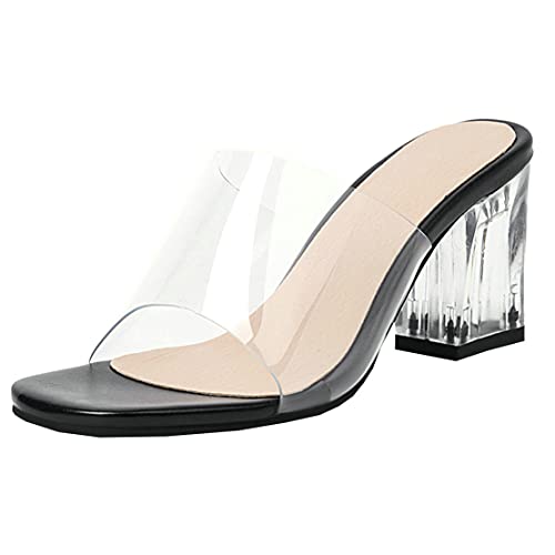 MISSUIT Damen Transparent Sandaletten Pantoletten Blockabsatz Mules High Heels Sandalen Pantoffeln Outdoor Slipper Schuhe(Schwarz,37) von MISSUIT