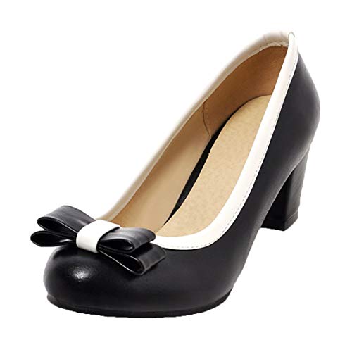 MISSUIT Damen Vintage Rockabilly Schuhe Chunky Heels Pumps mit Blockabsatz und Schleife Retro Runde Zehen(Schwarz,41) von MISSUIT