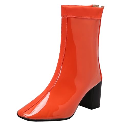 MISSUIT Damen Wasserdicht Regenstiefel High Heels Stiefeletten mit Blockabsatz Reißverschluss(Orange,40) von MISSUIT