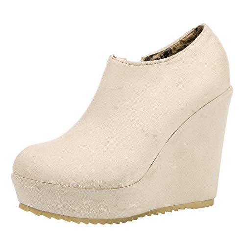 MISSUIT Damen Wedge Ankle Boots High Heels Keilabsatz Stiefeletten mit 12cm Absatz Plateau Keilstiefel Reißverschluss(Beige,40) von MISSUIT