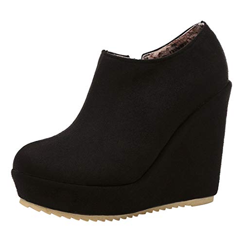 MISSUIT Damen Wedge Ankle Boots High Heels Keilabsatz Stiefeletten mit 12cm Absatz Plateau Keilstiefel Reißverschluss(Schwarz,39) von MISSUIT