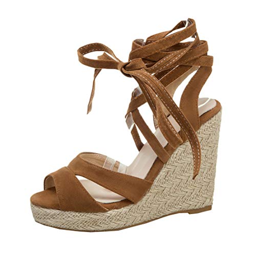 MISSUIT Damen Wedges Plateau Sandaletten High Heels Keilabsatz Sandalen mit Schnürung Espadrilles Sommer Schuhe(Braun,42) von MISSUIT