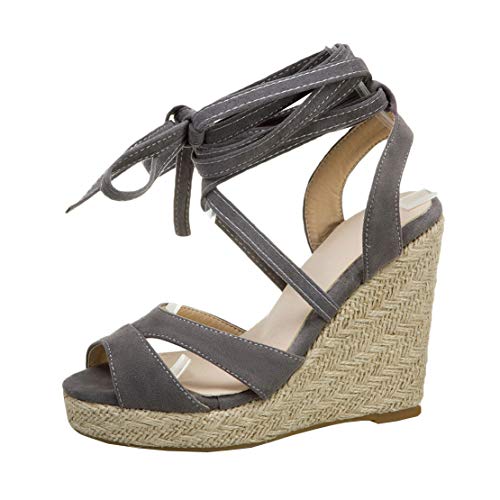 MISSUIT Damen Wedges Plateau Sandaletten High Heels Keilabsatz Sandalen mit Schnürung Espadrilles Sommer Schuhe(Grau,43) von MISSUIT