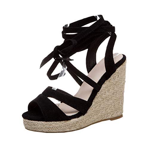 MISSUIT Damen Wedges Plateau Sandaletten High Heels Keilabsatz Sandalen mit Schnürung Espadrilles Sommer Schuhe(Schwarz,35) von MISSUIT
