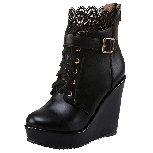 MISSUIT Damen Wedges Stiefeletten mit Keialbsatz High Heels Plateau Ankle Boots mit schnürung und Reißverschluss 12cm Absatz Schuhe(Schwarz,36) von MISSUIT