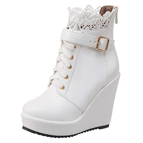 MISSUIT Damen Wedges Stiefeletten mit Keialbsatz High Heels Plateau Ankle Boots mit schnürung und Reißverschluss 12cm Absatz Schuhe(Weiß,40) von MISSUIT