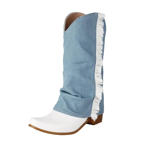 MISSUIT Damen Western Cowboy Stiefel Denim Halbstiefel mit Fransen Hoher Schaft(Hellblau,40) von MISSUIT