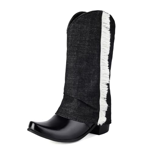 MISSUIT Damen Western Cowboy Stiefel Denim Halbstiefel mit Fransen Hoher Schaft(Schwarz,40) von MISSUIT