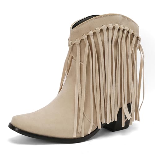 MISSUIT Damen Western Stiefeletten mit Fransen Wildleder Cowboy Stiefel Blockabsatz(Beige,40) von MISSUIT