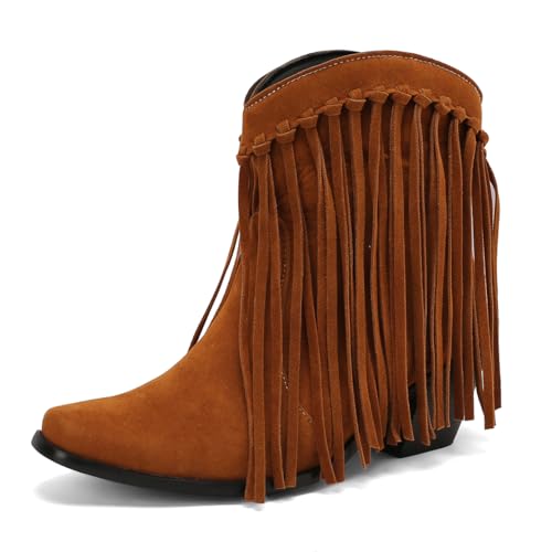 MISSUIT Damen Western Stiefeletten mit Fransen Wildleder Cowboy Stiefel Blockabsatz(Gelb,39) von MISSUIT