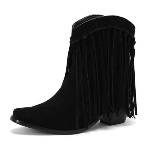 MISSUIT Damen Western Stiefeletten mit Fransen Wildleder Cowboy Stiefel Blockabsatz(Schwarz,38) von MISSUIT