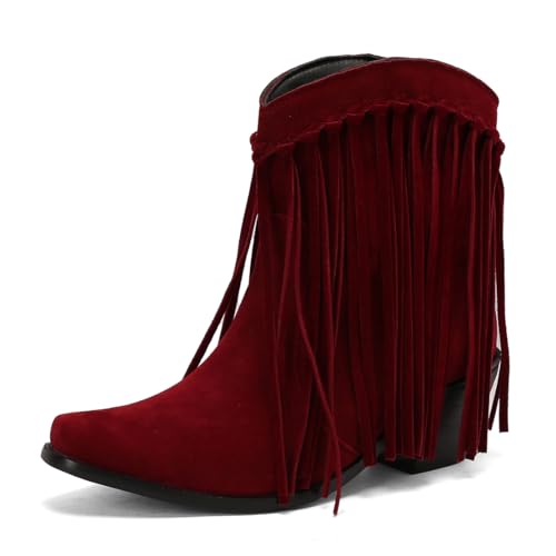 MISSUIT Damen Western Stiefeletten mit Fransen Wildleder Cowboy Stiefel Blockabsatz(Weinrot,37) von MISSUIT