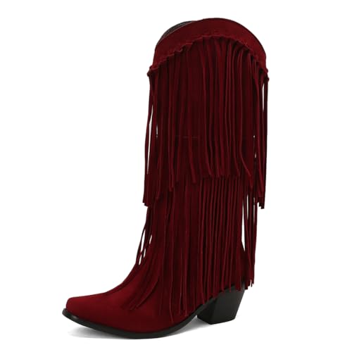 MISSUIT Damen Westernstiefel mit Fransen Cowboystiefel Wildleder Kniehoch Stiefel Blockabsatz(Weinrot,43) von MISSUIT