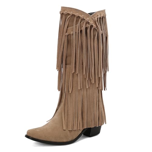 MISSUIT Damen Wildleder Kniehohe Stiefel mit Fransen Blockabsatz Winterstiefel(Beige,41) von MISSUIT