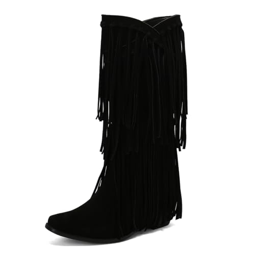 MISSUIT Damen Wildleder Kniehohe Stiefel mit Fransen Blockabsatz Winterstiefel(Schwarz,40) von MISSUIT