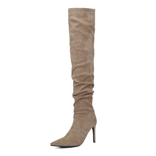 MISSUIT Damen Wildleder Overknee Stiefel mit Stiletto High Heels Slouch Spitz(Beige,39) von MISSUIT