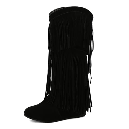 MISSUIT Damen Wildleder Stiefel mit Fransen Boho-Stil Cowboystiefel Keilabsatz Kniehohe Stiefel(Schwarz,41) von MISSUIT