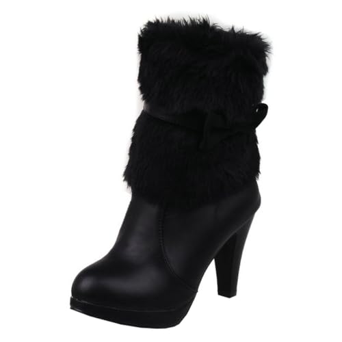 MISSUIT Damen Winterstiefel Plateau Stiefeletten Gefüttert Fell Blockabsatz Ankle Boots Warm Winter High Heels Schleife Schuhe(Schwarz,37) von MISSUIT