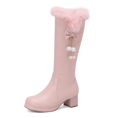 MISSUIT Damen Winterstiefel mit Fell Schleife und Perlen Blockabsatz Reißverschluss(Pink,44) von MISSUIT