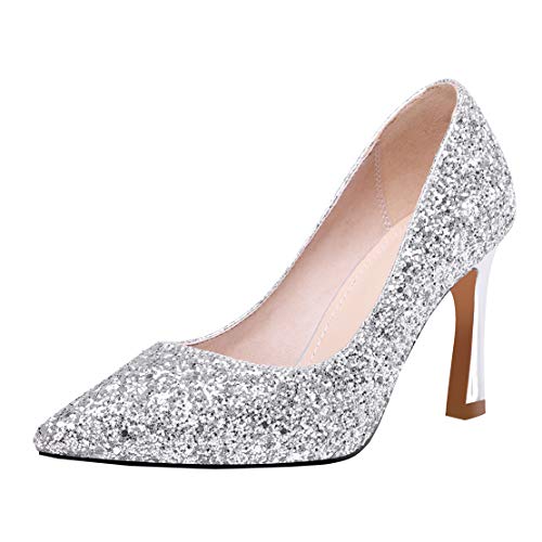 MISSUIT Damenschuhe High Heels Pumps Glitzer Spitz Brautschuhe Stiletto Geschlossen Hochzeitsschuhe(Silber,37) von MISSUIT