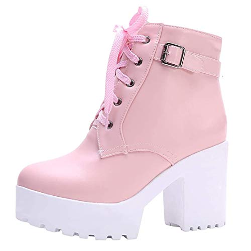 High Heels Ankle Boots mit Blockabsatz und Schnürung 10cm Absatz Stiefeletten Schuhe(Pink,39) von MISSUIT